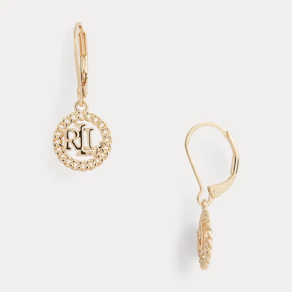 💖NEW RALPH LAUREN GOLD TONE SIGNATURE CUT OUT LEVER BACK DROP EARRINGS. - Picture 3 of 5